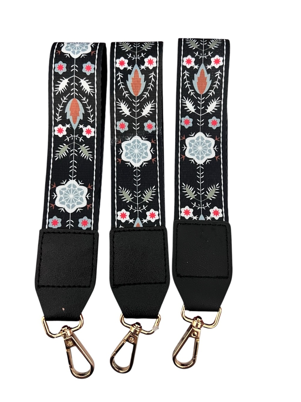 Boho Embroidered Print Guitar Style Wristlet Strap Black Floral Gold Hardware